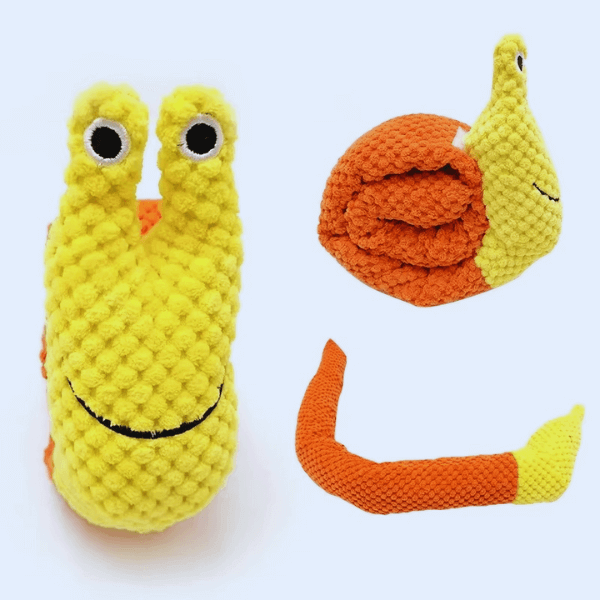 SnugBug Snail Yellow dog treat toy, a foraging toy for sniffing out hidden treats