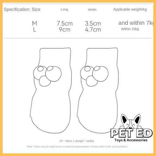 Non-slip dog socks size chart with drawn paw prints and measurement details for M and L