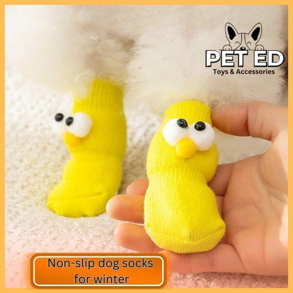 Yellow non-slip dog socks with cartoon eyes on fluffy dog's paws, winter pet accessories