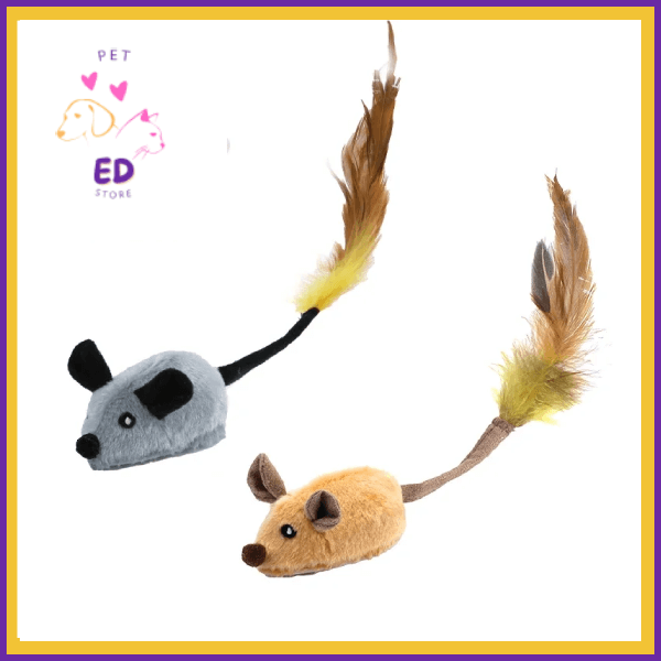 Grey and yellow plush cat toy mice with feather tails on white background