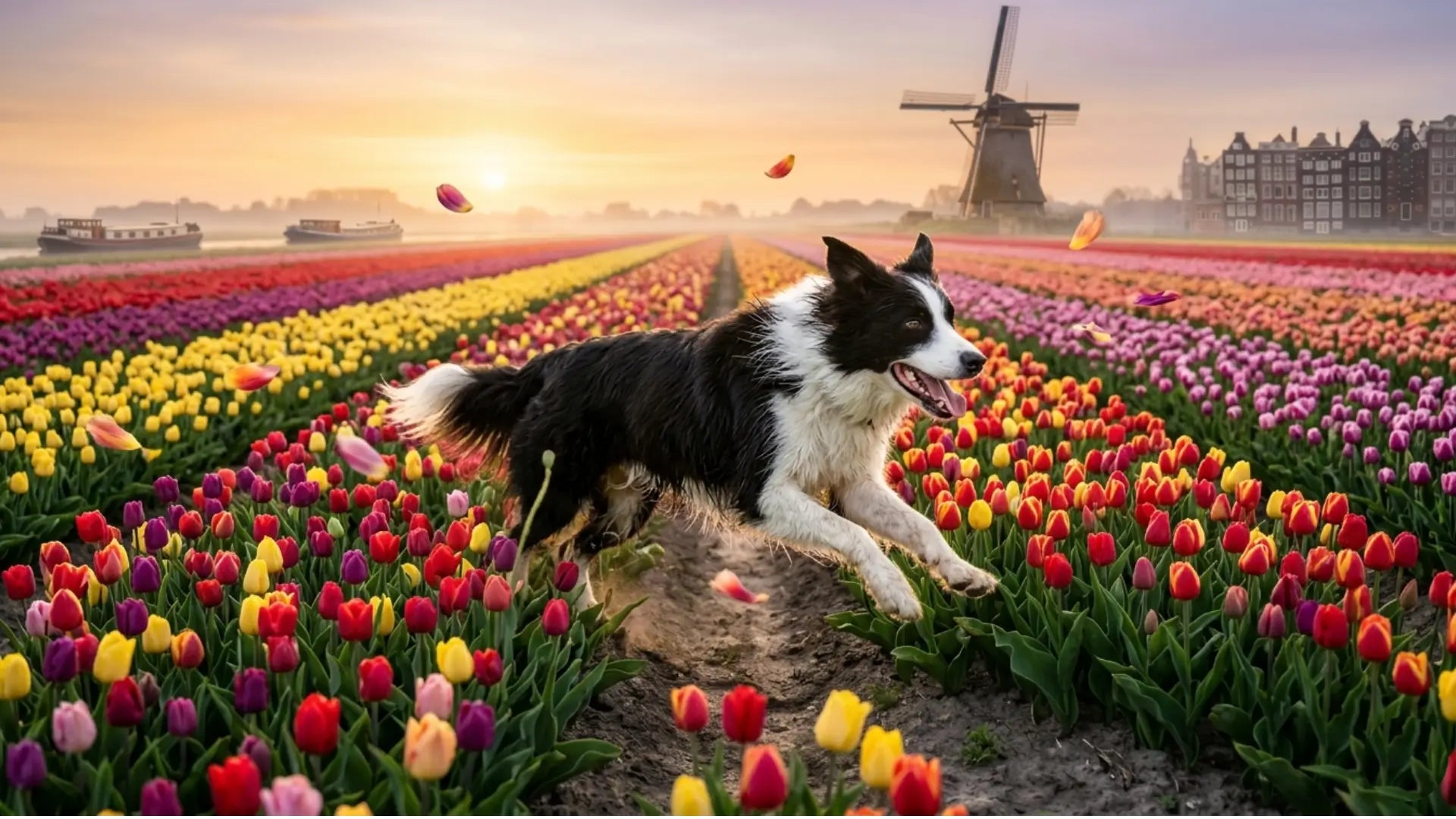 Border collie running through colorful tulip field in the Netherlands during spring golden hour