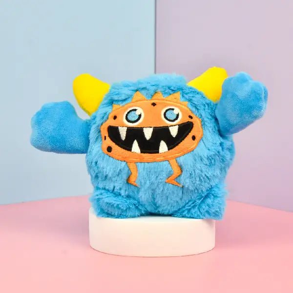 Blue squeaky dog toy plush with monster face design