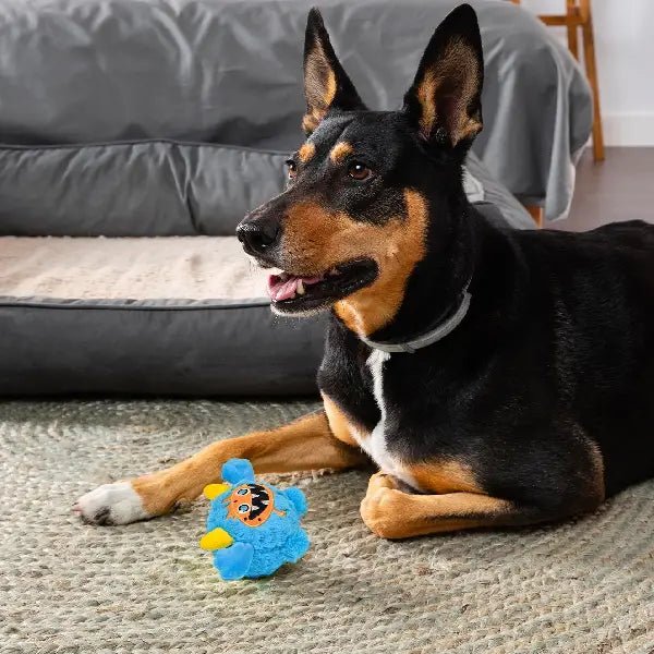 Green squeaky dog toy plush with monster face design