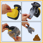 Step-by-step dog poop scooper demo with yellow pet waste picker and disposal bag.
