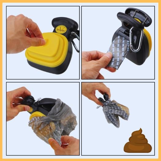 Step-by-step dog poop scooper demo with yellow pet waste picker and disposal bag.