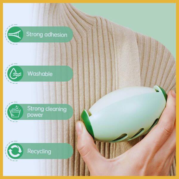 Hand using lint roller on beige sweater, strong cleaning power, washable, recyclable