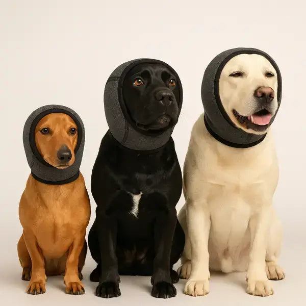 Multi-size calming hoodies for dogs, designed to prevent shaking and reduce sound stress.