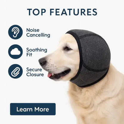 Product image displaying functional highlights of dog ear protection hoodie.