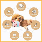 Cute brown dog with a plush toy surrounded by dog toy benefits, pet care, and play icons.