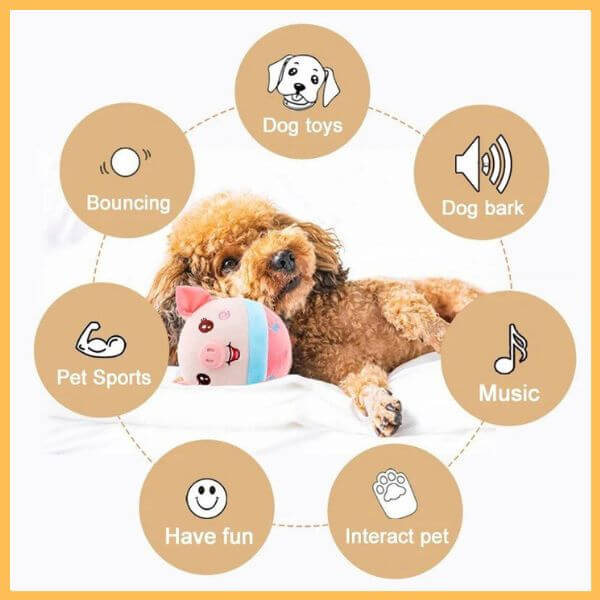 Cute brown dog with a plush toy surrounded by dog toy benefits, pet care, and play icons.