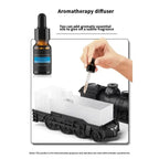 Essential oil being added dropwise to the train diffuser's water tank, oil sold separately