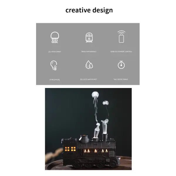 Train diffuser shown with icons for spray, remote control, timer and mist settings on a dark background