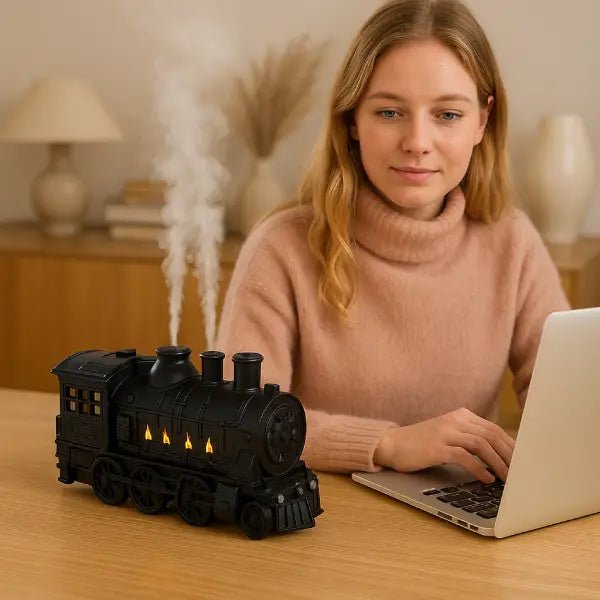 Train diffuser releasing white mist on a desk while a woman works on a laptop nearby