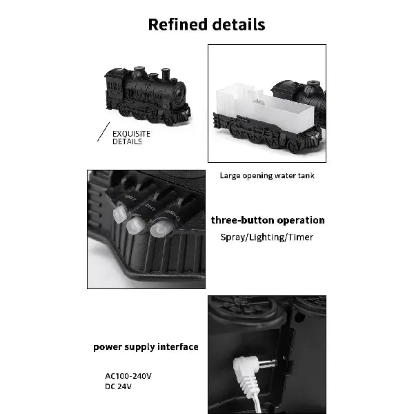 Train diffuser details showing the removable water tank, three-button control panel and AC power supply port