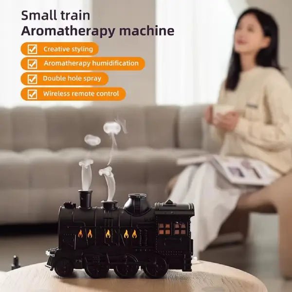 Train diffuser feature list showing aromatherapy humidification, double hole spray and wireless remote control