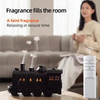 Train diffuser with its included remote control shown in a living room setting