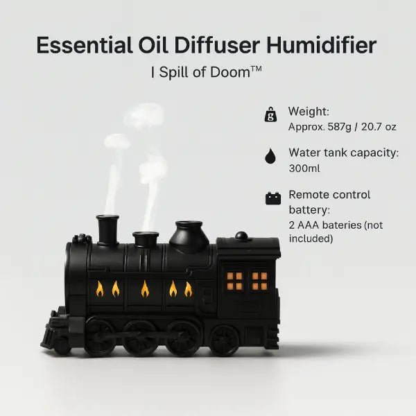 Train diffuser specifications showing weight, 300ml water tank capacity and remote control battery type