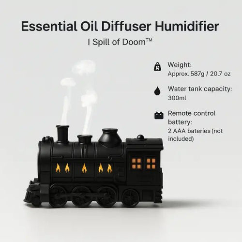 Train diffuser specifications showing weight, 300ml water tank capacity and remote control battery type