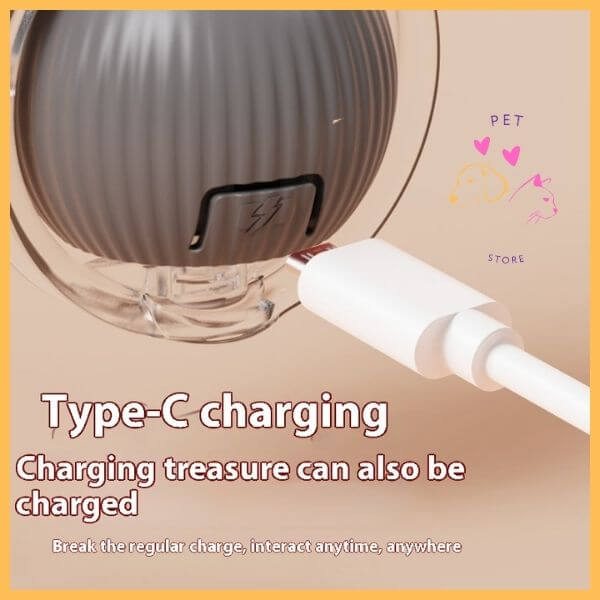 Type-C charging port on a gray pet toy ball with white cable, charging feature highlighted.