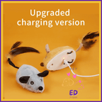 Upgraded rechargeable electronic toy mice for cats with feather tails on orange background