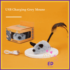 USB charging grey toy mouse with feather tail, USB cable, and retail box on orange background