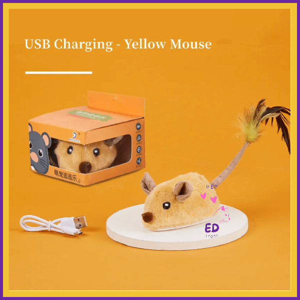 USB charging yellow toy mouse with feather tail, box, and USB cable on orange background