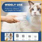 Pet grooming clipper trimming a long-haired cat, with comb attachments for various hair lengths.