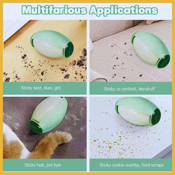 Green and white lint roller cleaning dust, pet hair, crumbs, confetti from various surfaces