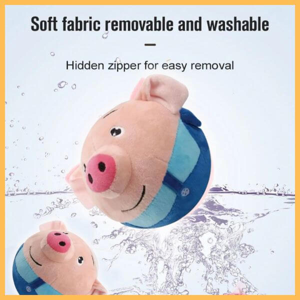 Washable soft fabric pig dog toy with hidden zipper, pet store product, water background