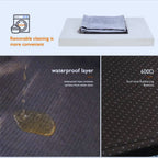 Waterproof dog cushion with removable, washable cover and anti-skid rubber bottom.