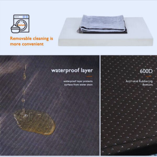 Waterproof dog cushion with removable, washable cover and anti-skid rubber bottom.