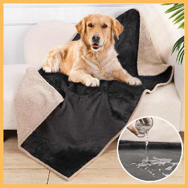 Golden retriever on waterproof sherpa dog blanket with water-resistant feature shown