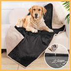 Golden retriever on waterproof sherpa dog blanket with water-resistant feature shown