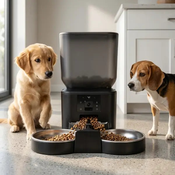 Programmable dog feeder with HD camera and double stainless bowl feeding golden retriever and beagle in minimalist living space