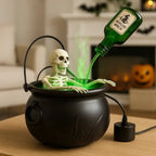 Witches cauldron with skeleton and green mist on a table in front of a fireplace decorated for Halloween