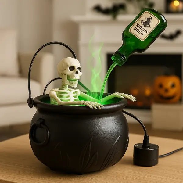 Witches cauldron with skeleton and green mist on a table in front of a fireplace decorated for Halloween