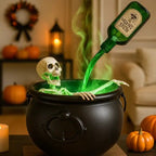 Witches cauldron with green mist on a table in a decorated living room with pumpkins and a wreath