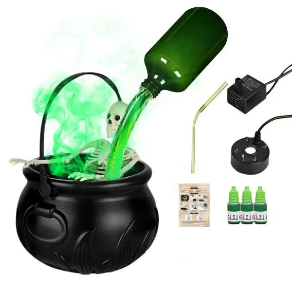 Full witches cauldron set laid out, including the skeleton, potion bottle, mist maker, water pipe and dye pigments