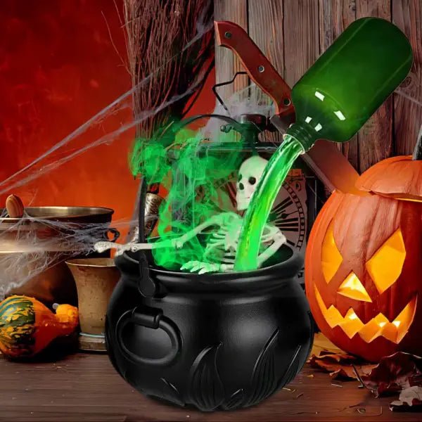 Witches cauldron with a skeleton and green mist next to a carved pumpkin in a rustic Halloween scene