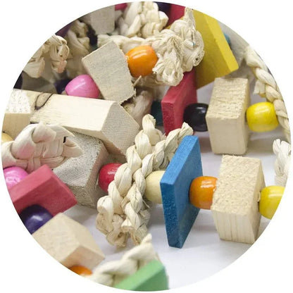 Colorful details of anxiety-reducing parrot toy for cage use