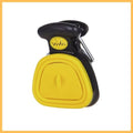 Yellow and black pet poop scooper accessory with grip, isolated on white background