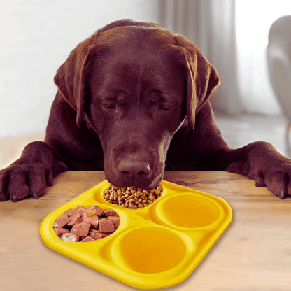 Labrador eating from yellow slow-feeding plate