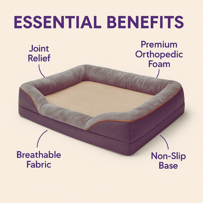 Waterproof dog bed showing orthopedic foam support and washable design.