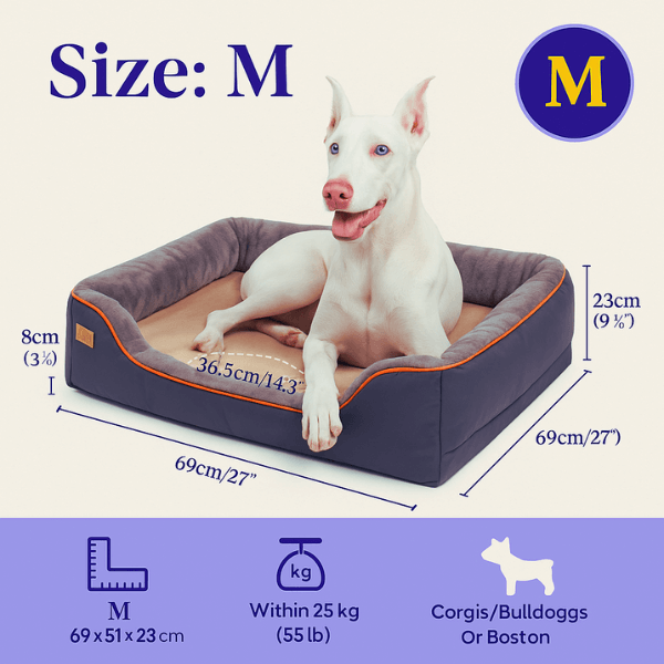Size M dog bed with white dog sitting, fit for Bulldogs and Corgis – 69x51x23 cm.
