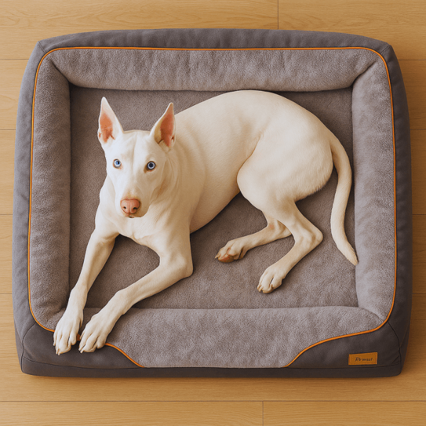Orthopedic dog bed large waterproof shown with alert dog lying on top.