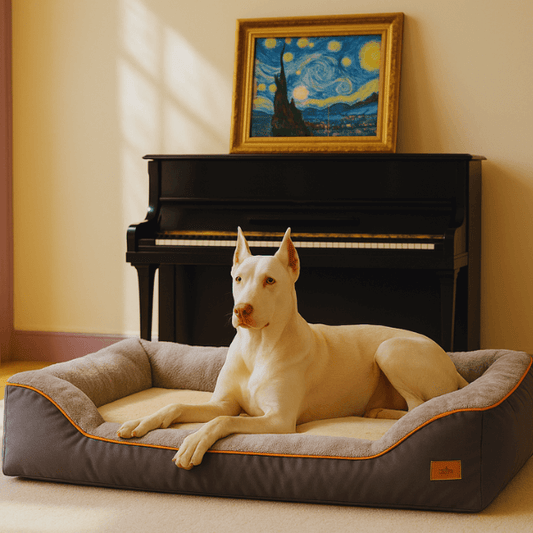 Dog sitting upright in Zlee bed in front of piano – stylish and cozy.