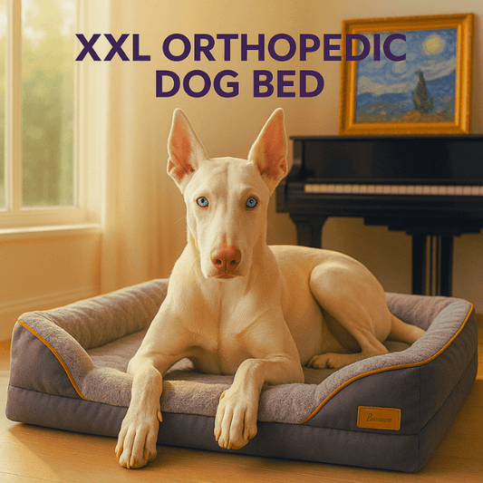 White dog on XXL orthopedic dog bed near piano in living room.